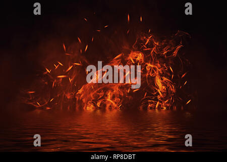 La texture de feu avec reflet dans l'eau. Flammes isolées sur fond noir. La texture pour banner,flyer, card. Banque D'Images