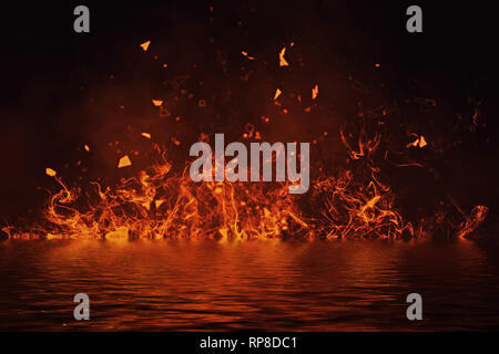 La texture de feu avec reflet dans l'eau. Flammes isolées sur fond noir. La texture pour banner,flyer, card. Banque D'Images
