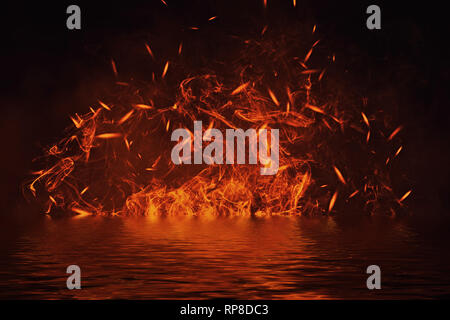 La texture de feu avec reflet dans l'eau. Flammes isolées sur fond noir. La texture pour banner,flyer, card. Banque D'Images