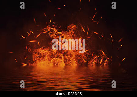 La texture de feu avec reflet dans l'eau. Flammes isolées sur fond noir. La texture pour banner,flyer, card. Banque D'Images
