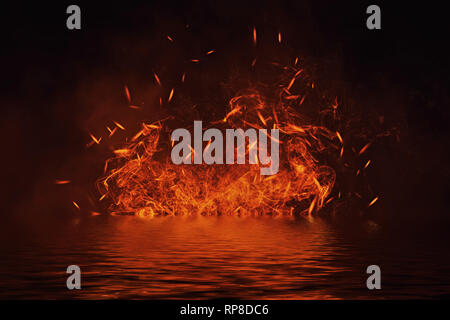 La texture de feu avec reflet dans l'eau. Flammes isolées sur fond noir. La texture pour banner,flyer, card. Banque D'Images