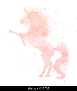 Peinture Aquarelle silhouette unicorn avec texture splash isolé sur fond blanc. Cute pink créature magique illustration. Banque D'Images