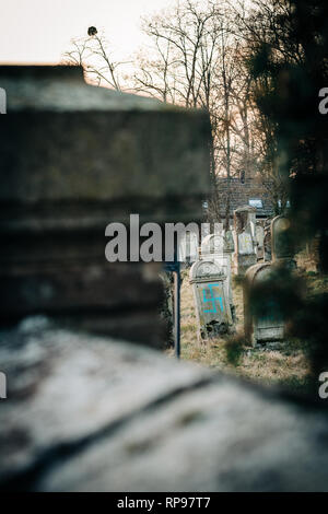 Voir si des pierres de plusieurs tombes vandalisées avec des symboles nazis en bleu peint sur les tombes endommagées - cimetière juif à Quatzenheim près de Strasbourg Banque D'Images