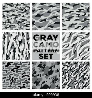 Camouflage gris. Collection de 8 seamless pattern set. vector illustration de fond pour la bannière, toile, web, mode, design de surface Illustration de Vecteur