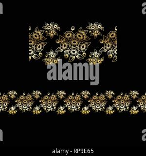 Or motif floral de couleur transparente avec marguerites isolé sur fond noir Illustration de Vecteur