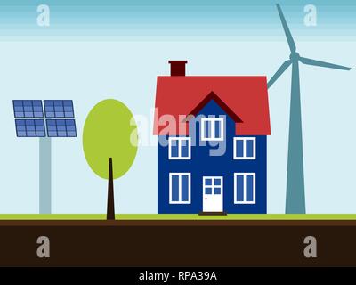 Maison écologique - propriété avec l'auto développement durable des sources d'énergie renouvelables. Turbine éolienne et solaire panneaux. Illustration de Vecteur