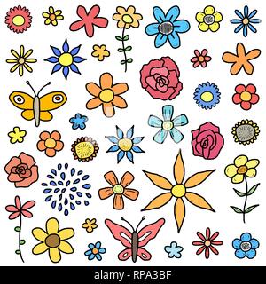 Doodle illustration collection avec différentes fleurs, feuilles et papillons. Scribble Floral set. Illustration de Vecteur