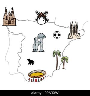 Espagne - Carte repères graphiques vectoriels doodle mignon avec Madrid, Barcelone, Santiago de Compostelle, Séville et le football. Illustration de Vecteur