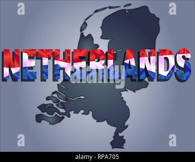 Les contours du territoire des Pays-Bas dans les tons de gris et en couleurs de mot Pays-bas le drapeau officiel, rouge, bleu et blanc Banque D'Images