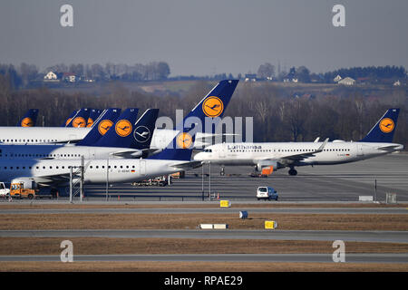 Munich, Allemagne. Feb 18, 2019. Lufthansa machines sont étroitement emballé au terminal 2, la circulation aérienne fly.Avion. L'aéroport Franz Josef Strauss de Munich.Munich. Utilisation dans le monde entier | Credit : dpa/Alamy Live News Banque D'Images