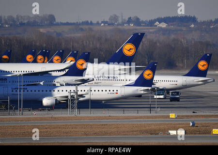 Munich, Allemagne. Feb 18, 2019. Lufthansa machines sont étroitement emballé au terminal 2, la circulation aérienne fly.Avion. L'aéroport Franz Josef Strauss de Munich.Munich. Utilisation dans le monde entier | Credit : dpa/Alamy Live News Banque D'Images