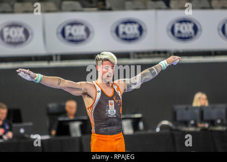 Melbourne, Victoria, Australie. 21 févr. 2019. Coupe du Monde de Gymnastique - Jour 1 qualifications - 21 février 2019 - Aréna de Melbourne, Melbourne, Victoria, Australie.Joints toriques concurrent Casimir Schmidt représentant NED durant sa routine. Credit : brett keating/Alamy Live News Banque D'Images