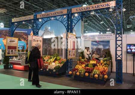 Budapest. Feb 21, 2019. Photo prise le 21 février 2019 présente le Billet Expo au Expositions de Budapest à Budapest, Hongrie. Le Travel Expo ouvert ici jeudi avec le slogan : "C'est un week-end actif" et durera jusqu'au 24 février. Credit : Attila Volgyi/Xinhua/Alamy Live News Banque D'Images