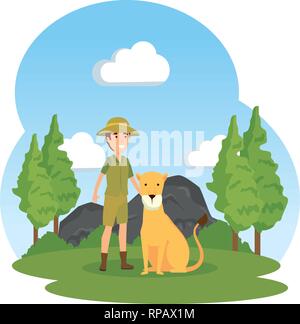 L'homme travailleur de zoo avec lionne dans le paysage vector illustration design Illustration de Vecteur