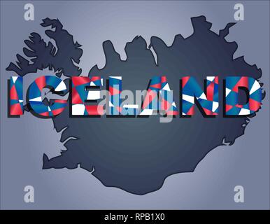 Les contours du territoire de l'Islande dans les tons de gris et en couleurs de l'Islande mot le drapeau officiel, rouge, bleu et blanc Illustration de Vecteur