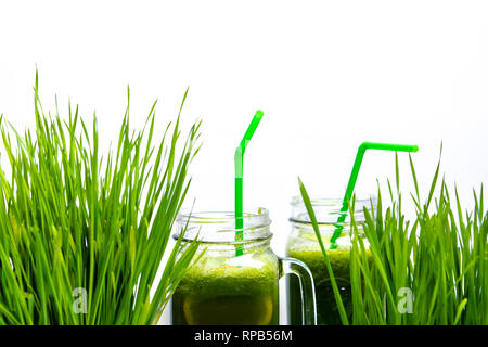 L'herbe de blé et des smoothies isolé sur fond blanc Banque D'Images