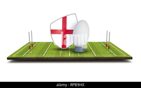 Bouclier rugby Angleterre icône drapeau avec ballon de rugby. 3D Render Banque D'Images