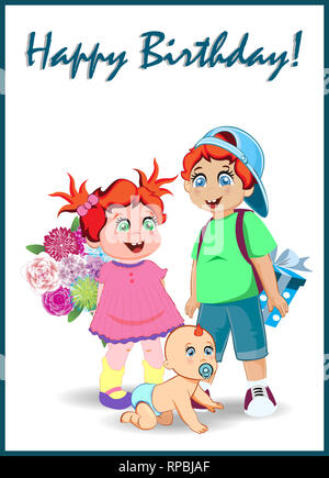 Joyeux Anniversaire Carte de souhaits de caractères Cute Cartoon Kids Holding Big boîte cadeau et Bouquet de fleurs sur fond blanc. Illustration, Kawaii Bébé, Banque D'Images