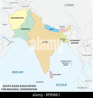 Association sud-asiatique de coopération régionale (ASACR) carte vectorielle 2 Illustration de Vecteur