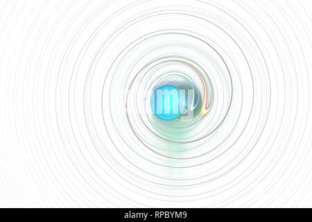 Sur un fond blanc il y a des lignes en spirale avec une boule rougeoyante bleu au centre. Banque D'Images