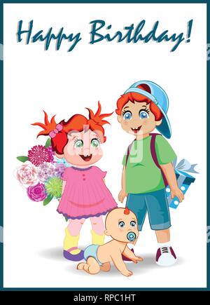 Joyeux Anniversaire Carte de souhaits de caractères Cute Cartoon Kids Holding Big boîte cadeau et Bouquet de fleurs sur fond blanc. Illustration vectorielle, Kawaii Illustration de Vecteur