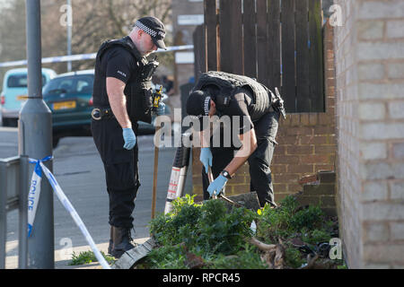 Les équipes de recherche de la Police la police sur Bolton Road où deux maisons ont été bouclés, dans Small Heath, Birmingham, après un garçon de 16 ans a été poignardé à mort mercredi soir. Banque D'Images