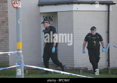 Les équipes de recherche de la Police la police sur Bolton Road où deux maisons ont été bouclés, dans Small Heath, Birmingham, après un garçon de 16 ans a été poignardé à mort mercredi soir. Banque D'Images