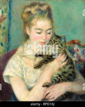 Renoir, femme avec un chat, portrait peint à l'huile sur toile vers 1875 Banque D'Images