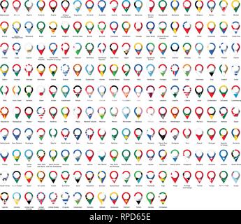 Drapeaux en forme de broche des pays du monde avec leurs noms écrits ci-dessous Illustration de Vecteur