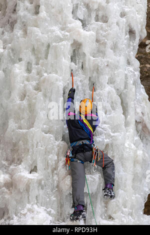 Munising, Michigan - Les participants à l'assemblée annuelle de glace : Michigan escalader une cascade de glace dans la région de Pictured Rocks National Lakeshore. Banque D'Images