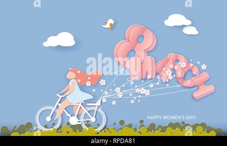 Heureux 8 mars journée de la femme carte. Woman riding bicycle avec des fleurs et des ballons en forme de grandes lettres sur fond de ciel. Vector illustration papier Illustration de Vecteur