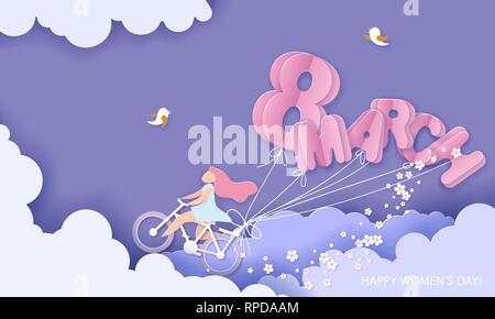 Heureux 8 mars journée de la femme carte. Woman riding bicycle avec des fleurs et des ballons en forme de grandes lettres sur fond bleu. Vector illustration papier Illustration de Vecteur