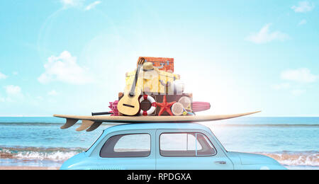 Voiture avec des bagages sur le toit prêt pour les vacances d'été le rendu 3D Banque D'Images