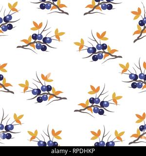 Motif transparent vecteur avec des rameaux de prunellier bleu et jaune automne feuilles. Illustration de Vecteur