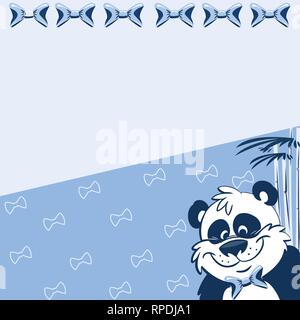 L'illustration présente le modèle avec cartoon panda et bambou sur un fond bleu. Il y a une place pour le texte, sur des calques distincts. Illustration de Vecteur