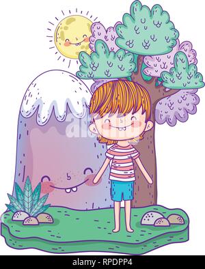 Cute little boy avec kawaii dans le paysage de montagne Illustration de Vecteur