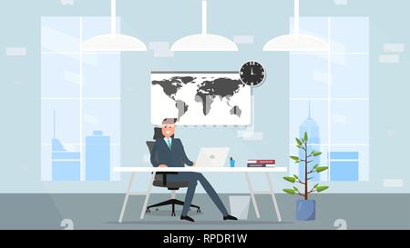 Illustration d'un travail sur l'homme d'affaires son ordinateur portable ou de bureau. Heureux l'homme d'affaires. Freelancer, Home Office Concept. Illustration de Vecteur