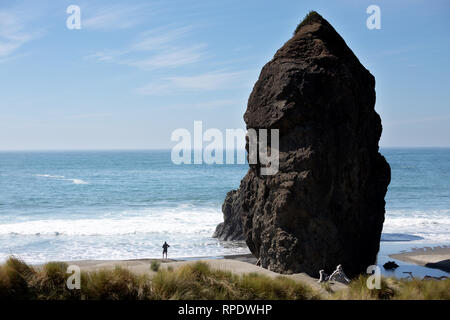 Un solitaire beachcomber sur la rive de l'océan Pacifique au large de la route US 101 (l'Oregon Coast Highway), juste au-dessus de la rivière de l'Oregon, au pistolet, l'Amérique Banque D'Images