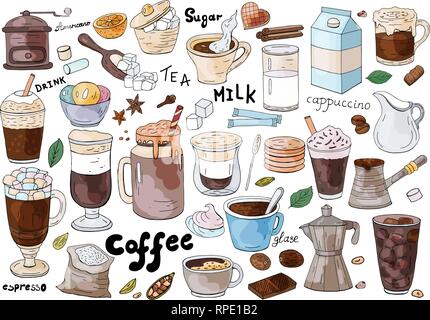 Ensemble de main dessiné différents types de café sur le fond blanc. Pour cafe menu. Illustration de Vecteur