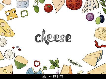 Hand drawn vector illustration avec différents types de fromages isolated on white bacground. L'espace pour texte, menu pour cafe Illustration de Vecteur