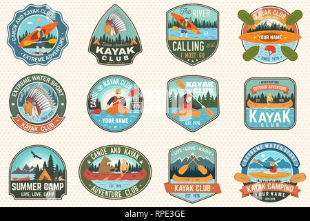 Ensemble de canot et kayak club insignes vecteur. Concept pour patch, shirt, impression, stamp ou tee. Vintage design avec vue sur la montagne, la rivière, le kayakiste amérindien et silhouette. Eau extrême sport kayak patches Illustration de Vecteur