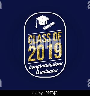 Classe Vector de 2019 badge. Concept pour chemise, imprimer, le sceau ou timbre, surimpression, salutation, carte d'invitation. Conception avec graduation cap, diplôme et catégorie de texte. Illustration de Vecteur