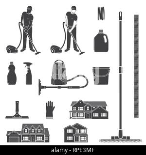 Icône nettoyage silhouette pour emblèmes ,badge et étiquettes. Set : homme eguipment avec vocuum, plus propre, les maisons. Vector illustration. Illustration de Vecteur