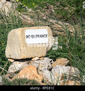 Pierre avec un lettrage blanc aucun signe d'entrée dans un champ d'herbe verte Banque D'Images