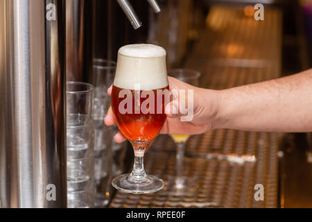 Photo de la main d'un aubergiste qui offre un verre de bière Banque D'Images