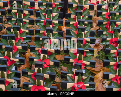 De nombreuses croix et d'autres hommages sur le champ du souvenir de l'abbaye de Westminster, London, UK dans la mémoire de ceux tombés lors des deux guerres mondiales. Banque D'Images