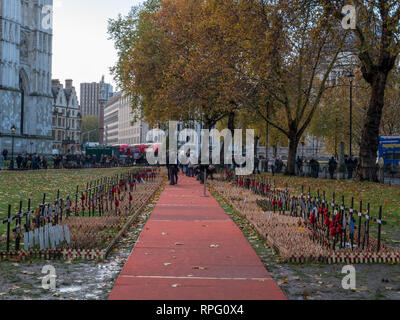 De nombreuses croix et d'autres hommages sur le champ du souvenir de l'abbaye de Westminster, London, UK dans la mémoire de ceux tombés lors des deux guerres mondiales. Banque D'Images