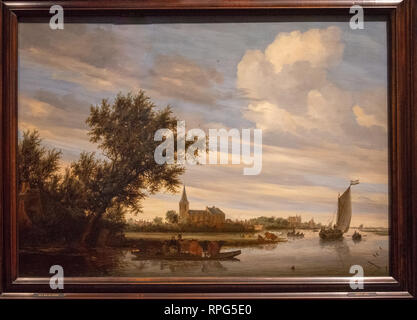 Vue sur la rivière avec l'église et de ferry par la peintre Salomon van Ruysdael Banque D'Images