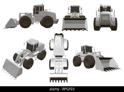 Ensemble avec un bulldozer 6 bulldozers polygonale à différents angles. Vue isométrique, supérieur, latéral, avant, arrière. Chargeur sur roues blanc bulldozer de l'équipement lourd Illustration de Vecteur