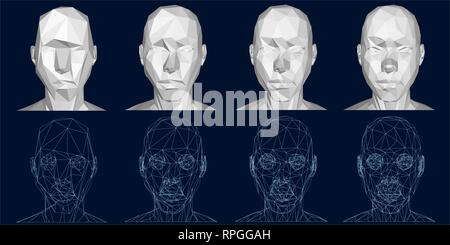 Head retopology. Tête humaine à partir de polygones simples à forme complexe. La séquence de complication de la forme. 3D. Wireframe de la tête humaine. Vector Illustration de Vecteur